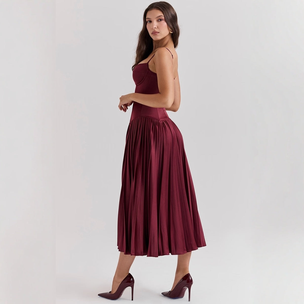 Crimson Muse™ Pleated Satin Elegance Dress