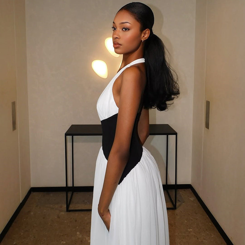 Chic Contrast Halter Maxi Dress