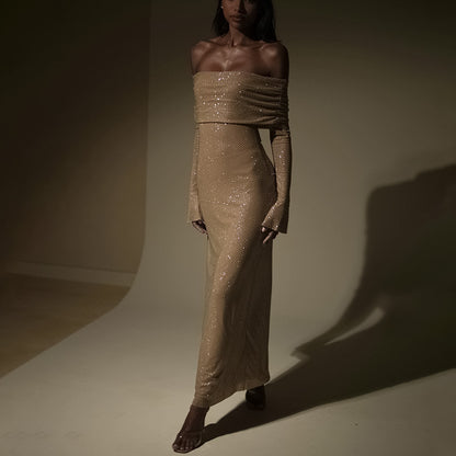 Velora Luxe Off-Shoulder Sparkle Gown