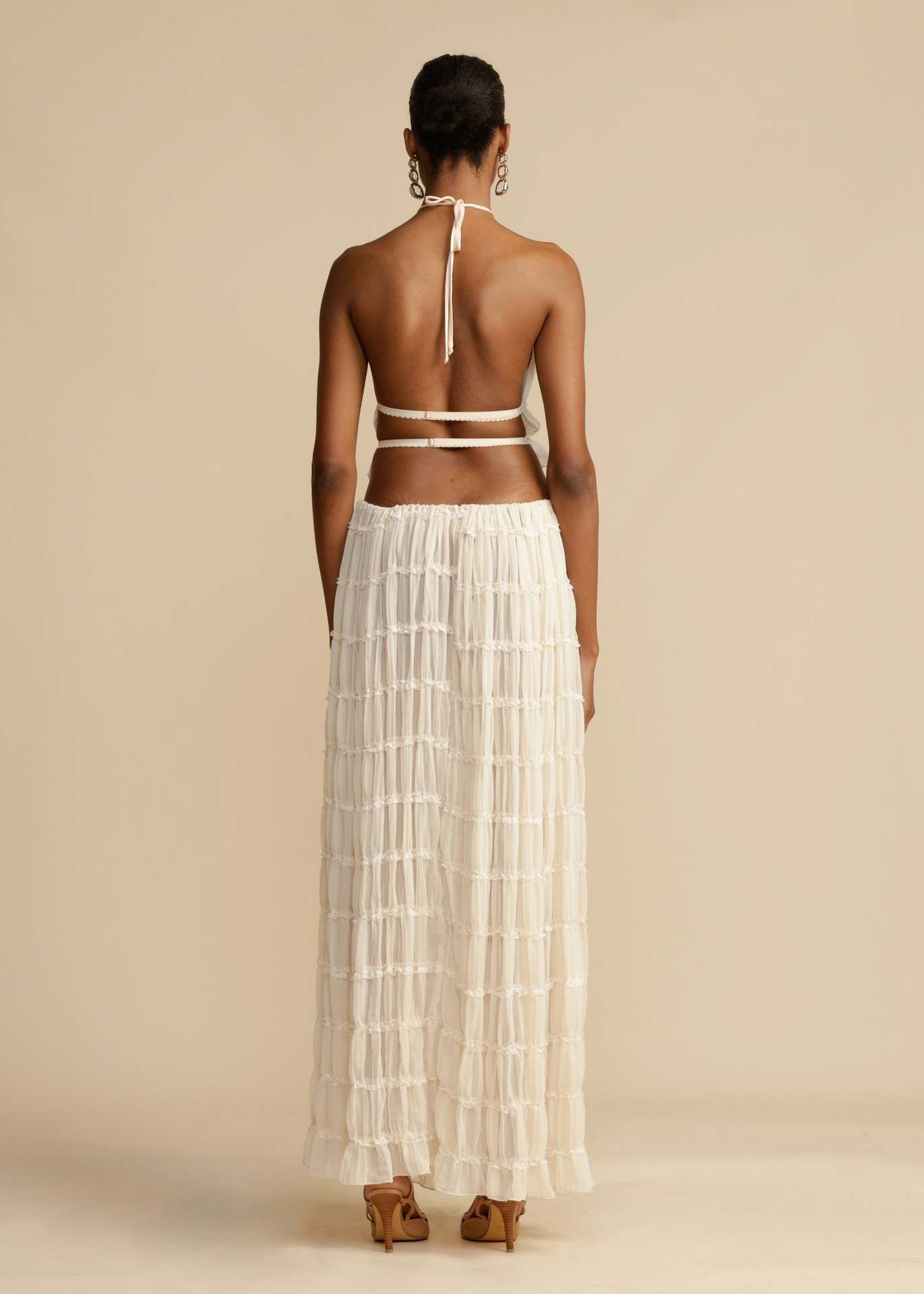 Backless Lace-up Halterneck Sling Top Suit Wooden Ear Pleated Dress