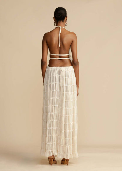 Backless Lace-up Halterneck Sling Top Suit Wooden Ear Pleated Dress
