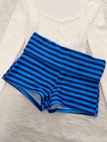 Striped Tankini Swimsuit, Elegant Sexy Halter Crop Top & BBL shorts