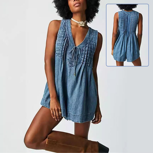 V-neck Sleeveless Denim Romper
