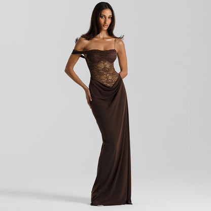 Noir Grace™ Brown Lace Maxi Dress