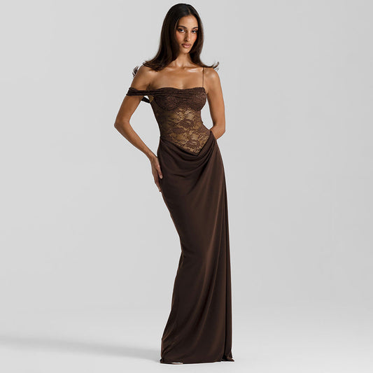 Noir Grace™ Brown Lace Maxi Dress