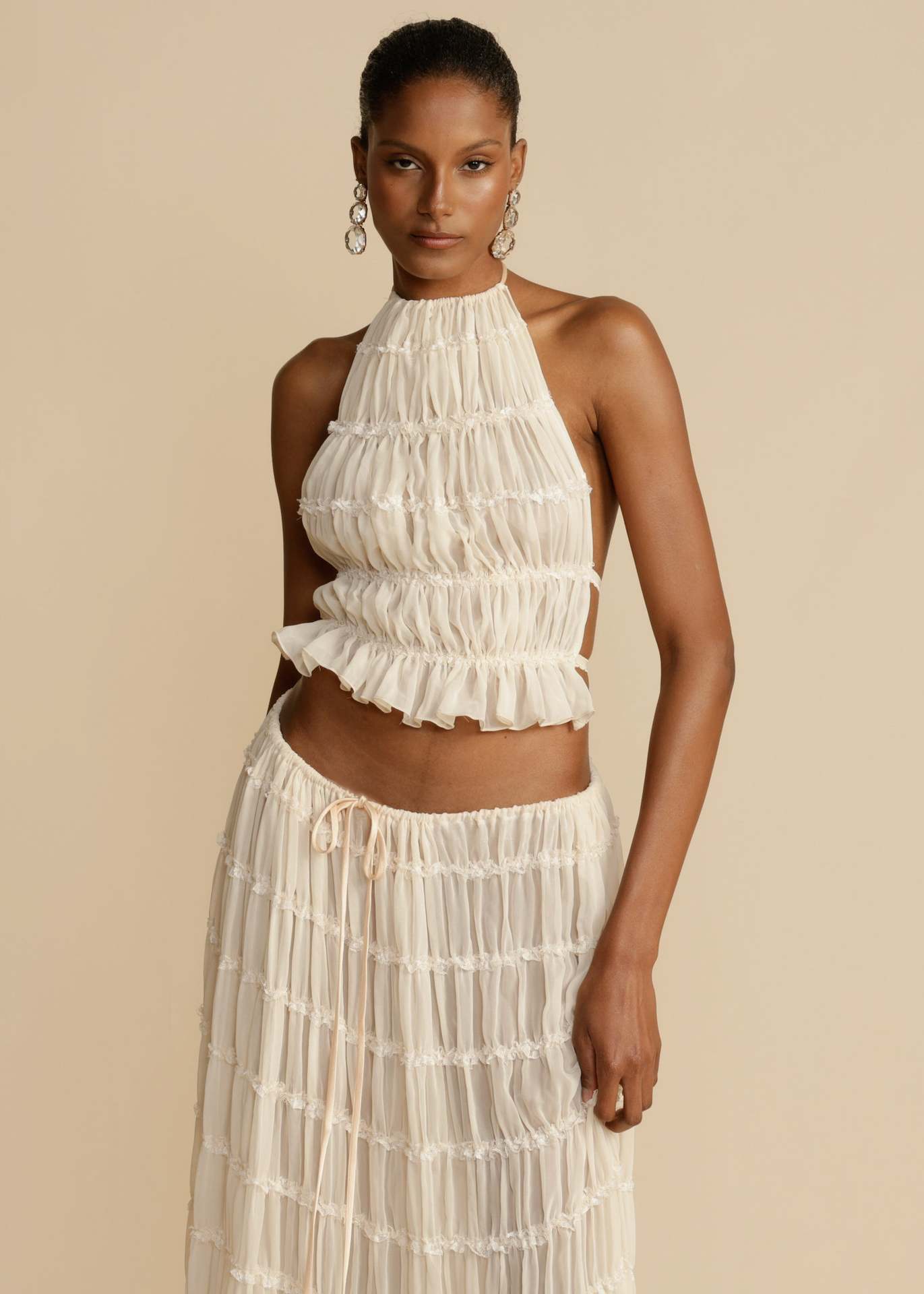 Backless Lace-up Halterneck Sling Top Suit Wooden Ear Pleated Dress