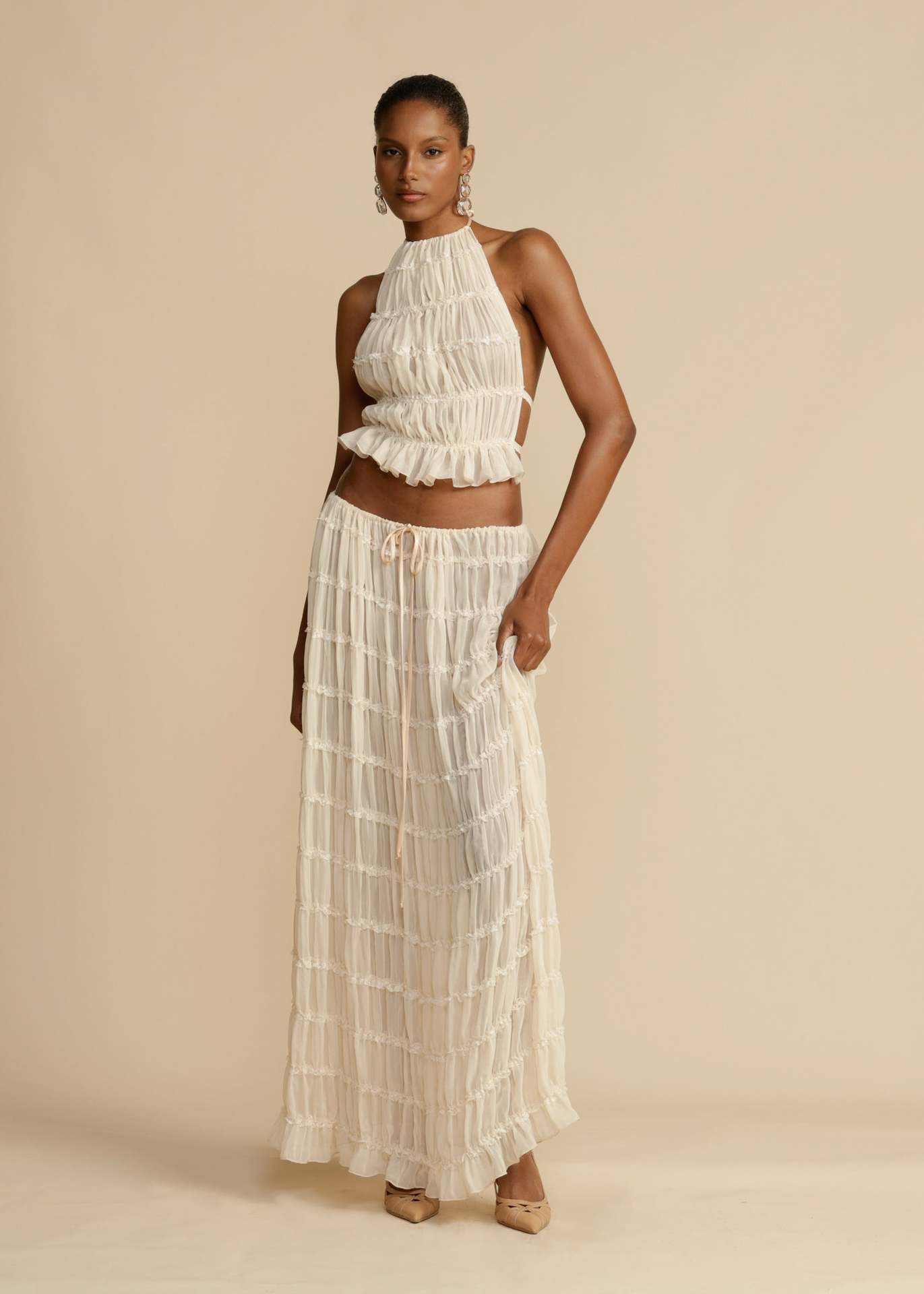 Backless Lace-up Halterneck Sling Top Suit Wooden Ear Pleated Dress