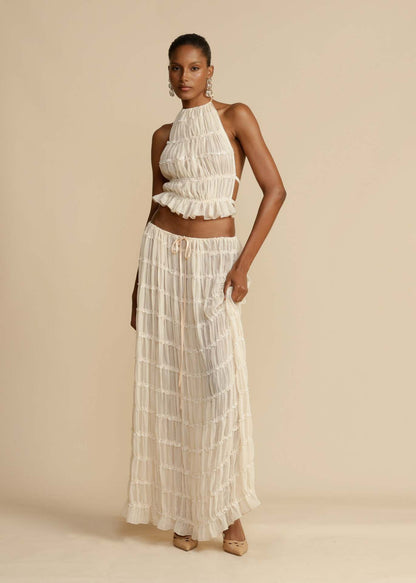 Backless Lace-up Halterneck Sling Top Suit Wooden Ear Pleated Dress