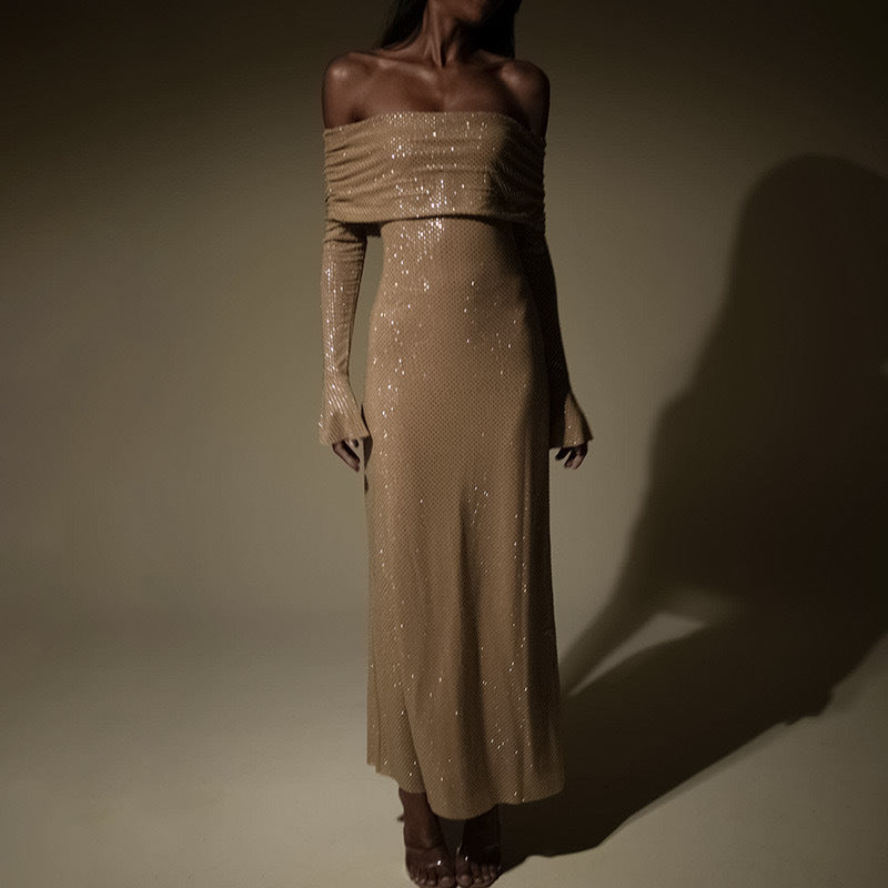 Strapless Long Sleeve Slim Rhinestone Noble Dress