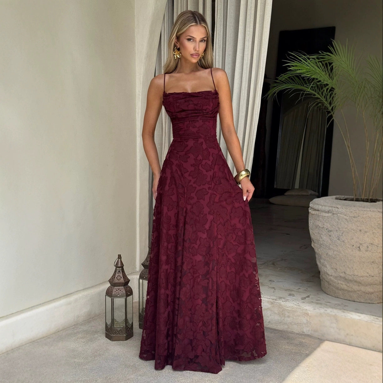 Rosé Lumière™ Lace-Up Backless Maxi Dress