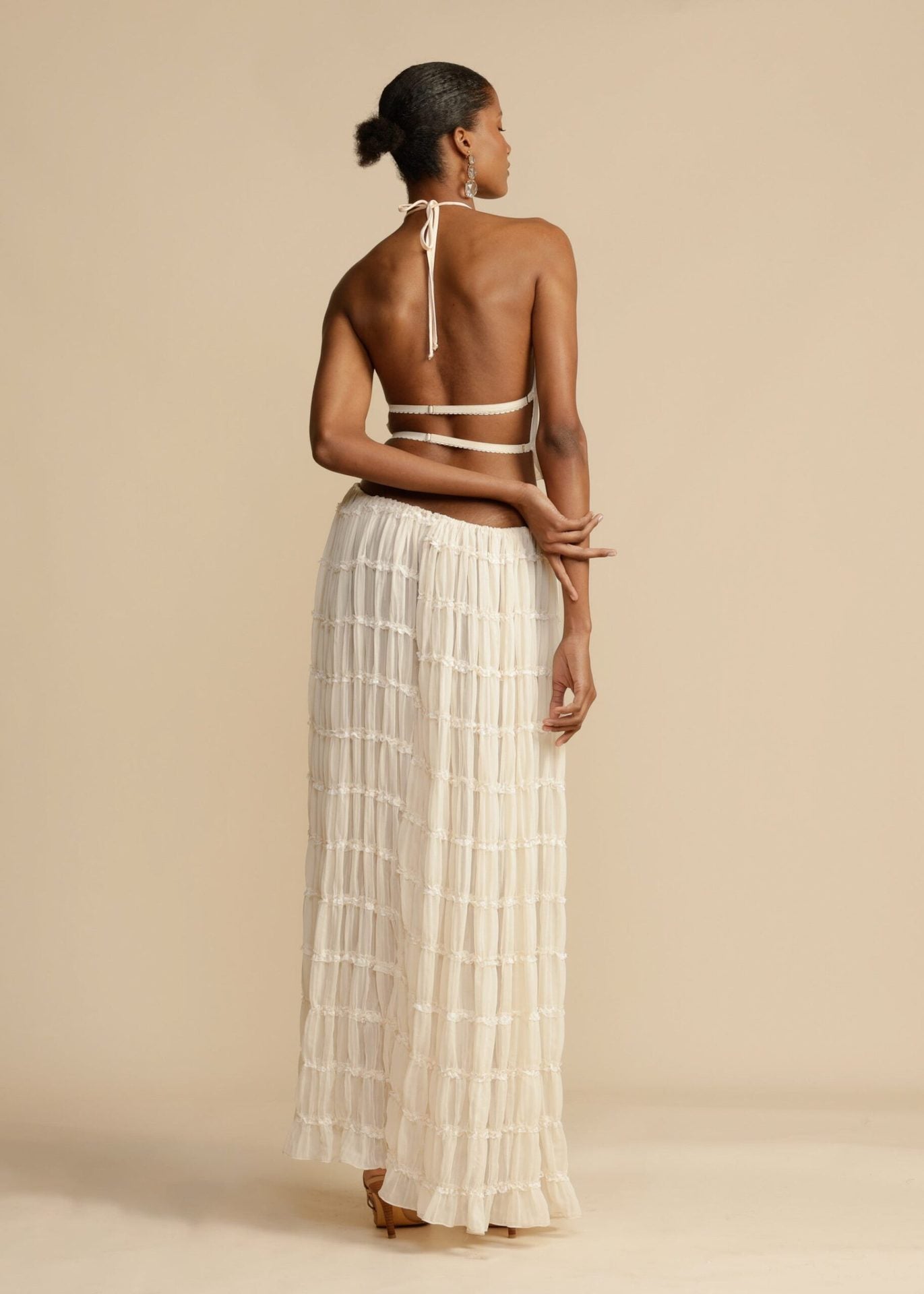 Backless Lace-up Halterneck Sling Top Suit Wooden Ear Pleated Dress