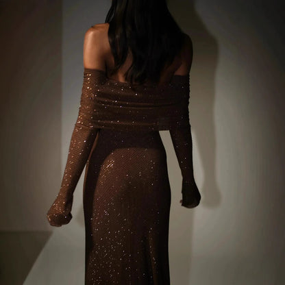 Strapless Long Sleeve Slim Rhinestone Noble Dress
