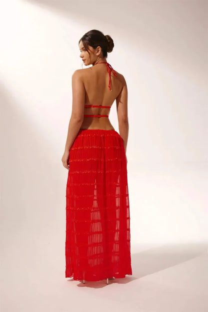 Backless Lace-up Halterneck Sling Top Suit Wooden Ear Pleated Dress