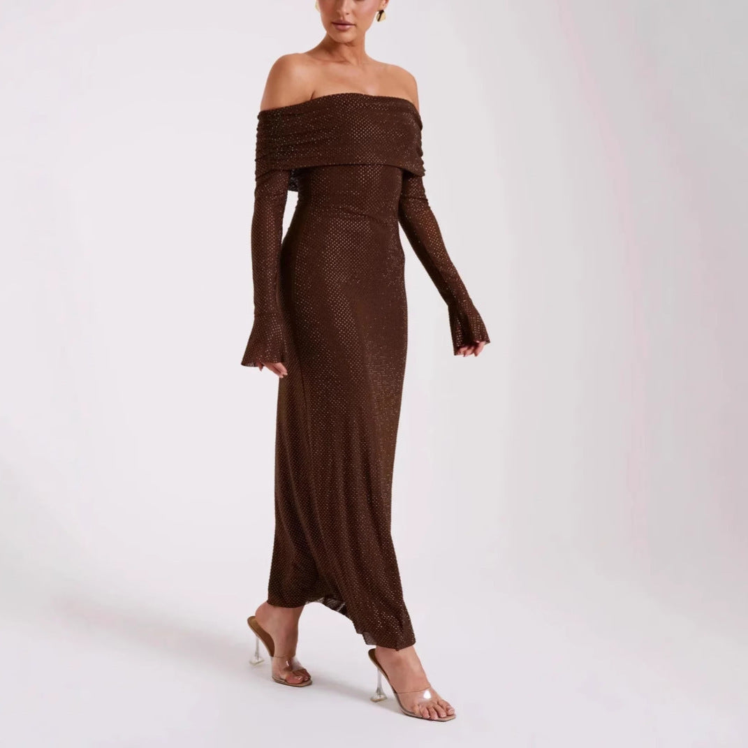 Strapless Long Sleeve Slim Rhinestone Noble Dress