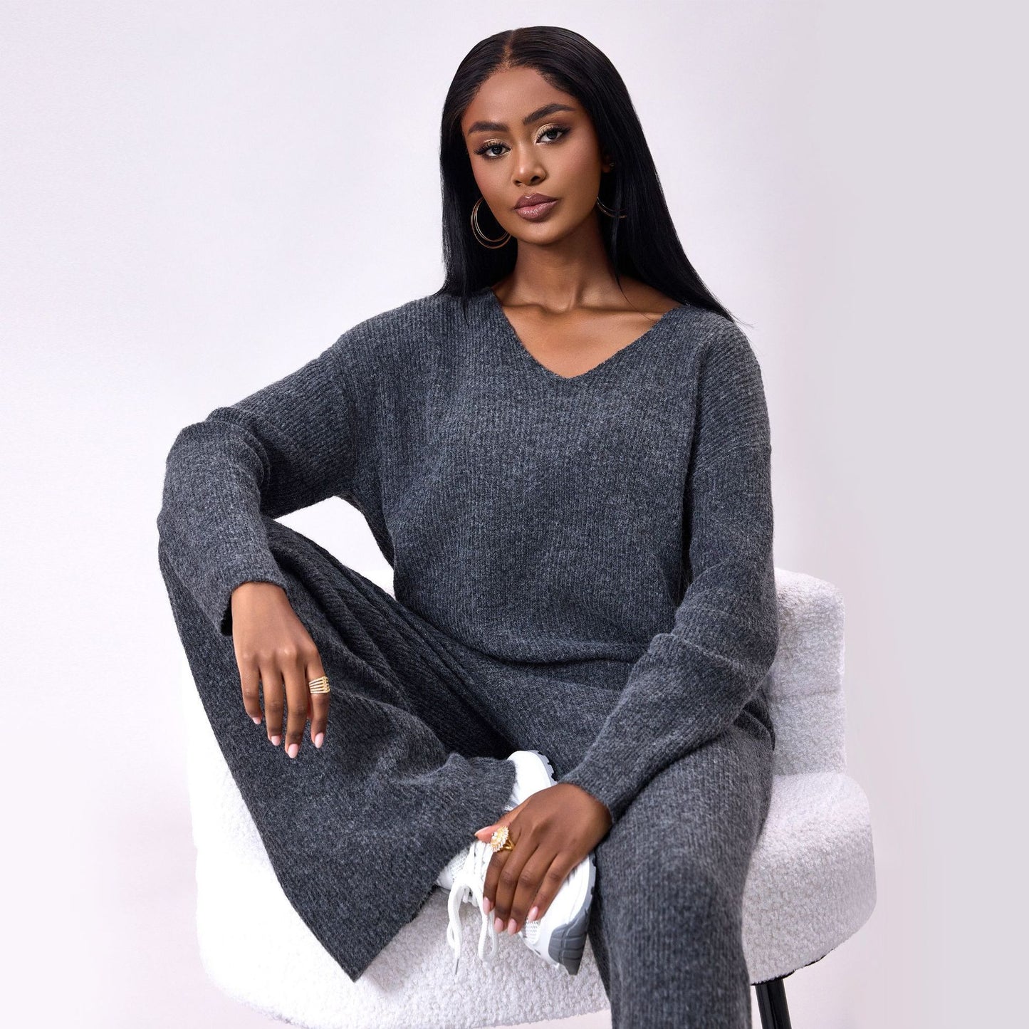 Knitted Sunken Stripe Brushed Long Sleeve Suit