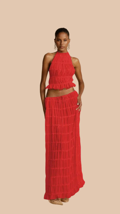 Backless Lace-up Halterneck Sling Top Suit Wooden Ear Pleated Dress