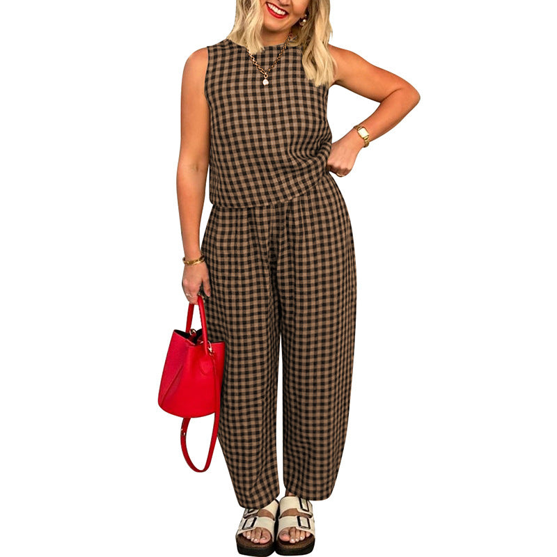 Printed Plaid Loose Casual Sleeveless Vest Pants Suit