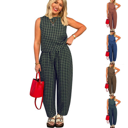 Printed Plaid Loose Casual Sleeveless Vest Pants Suit