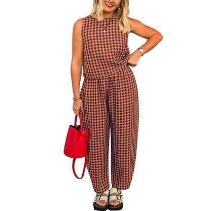 Printed Plaid Loose Casual Sleeveless Vest Pants Suit