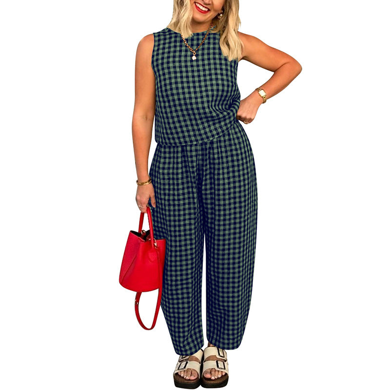 Printed Plaid Loose Casual Sleeveless Vest Pants Suit