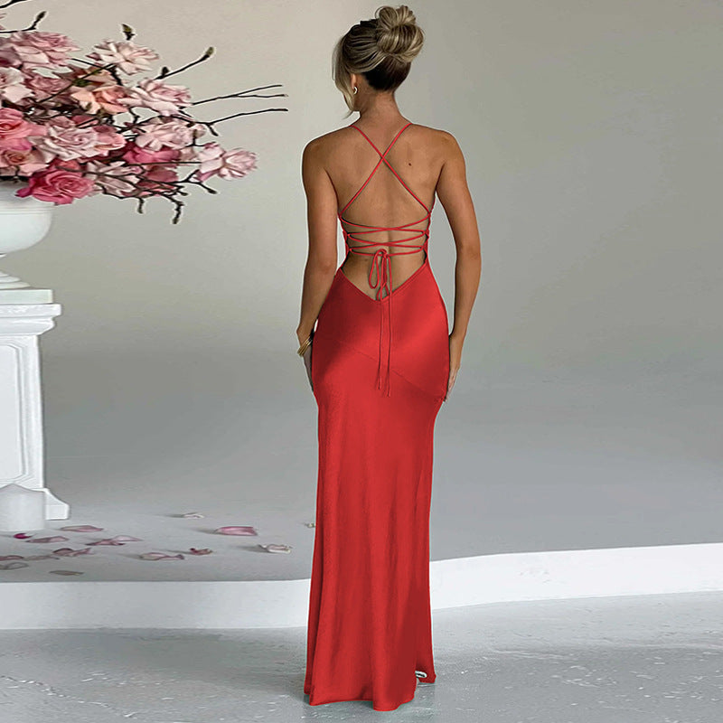 Robe dos nu à lacets à col bas en couleur unie
