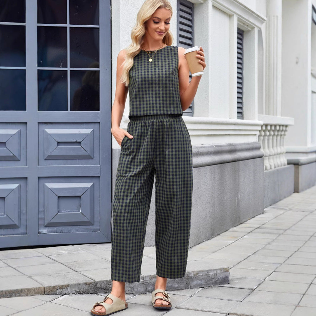 Printed Plaid Loose Casual Sleeveless Vest Pants Suit