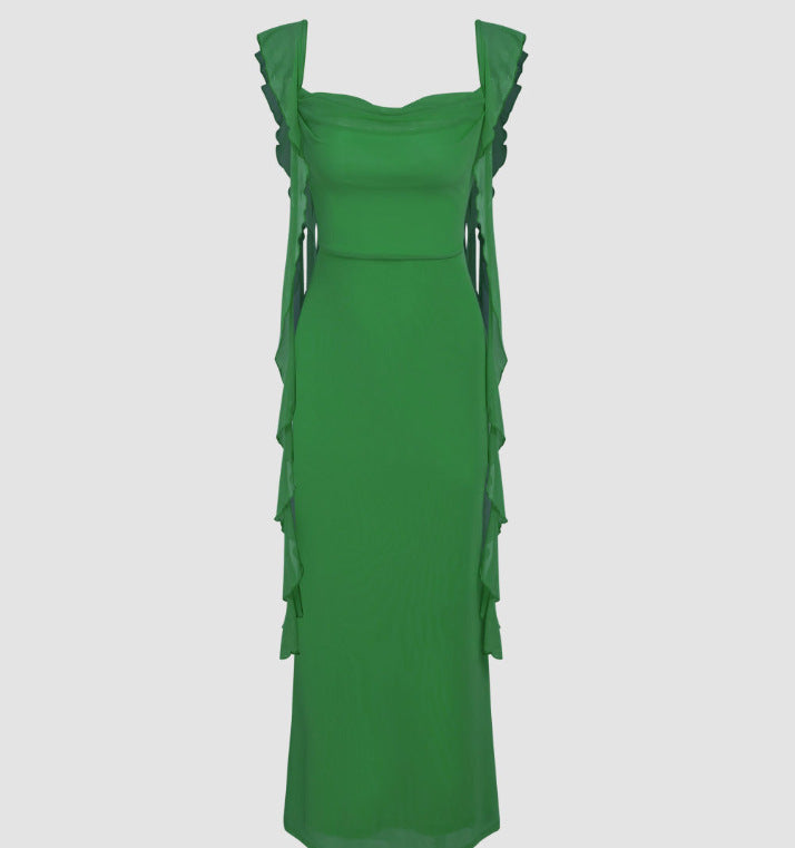 Lace Sling Backless Fashion Ruffles Ribbon Dress