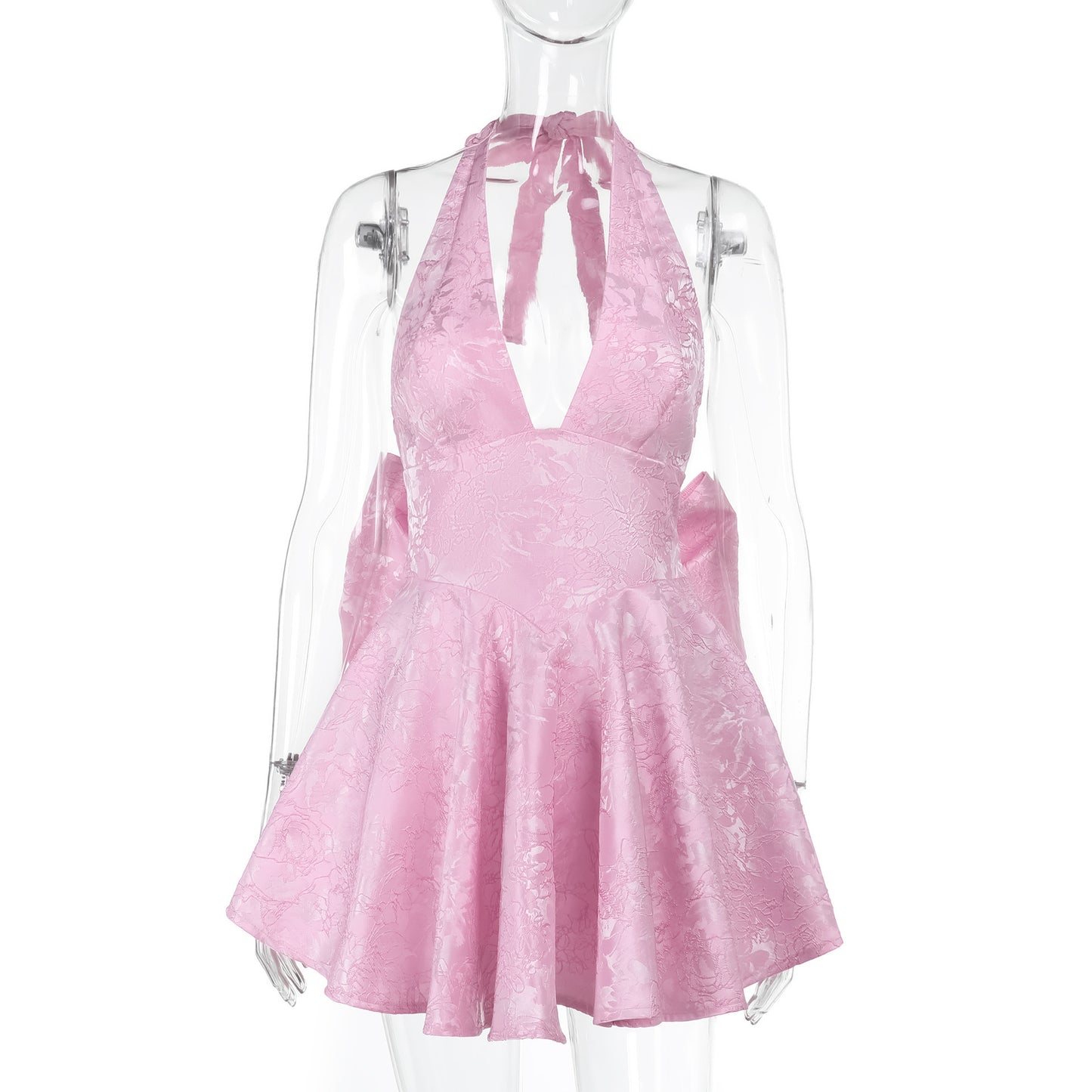 BlushBelle™ Jacquard Halter Bow Dress