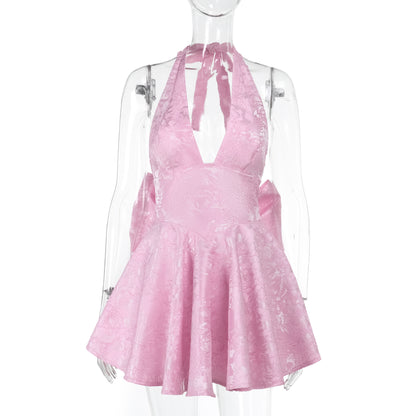 BlushBelle™ Jacquard Halter Bow Dress