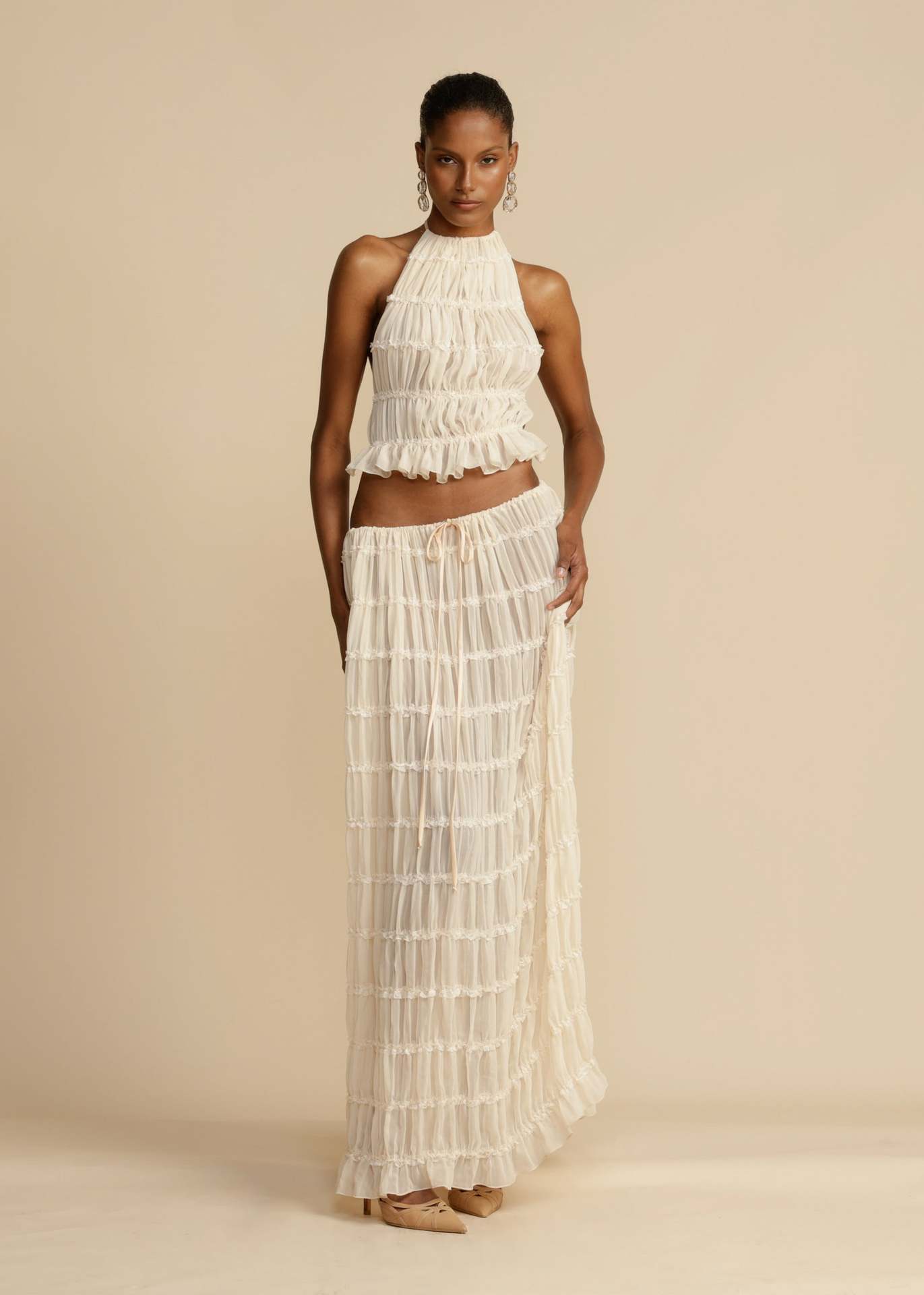 Backless Lace-up Halterneck Sling Top Suit Wooden Ear Pleated Dress