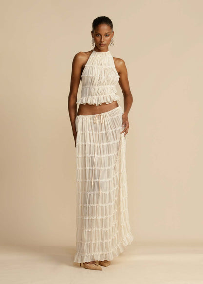 Backless Lace-up Halterneck Sling Top Suit Wooden Ear Pleated Dress