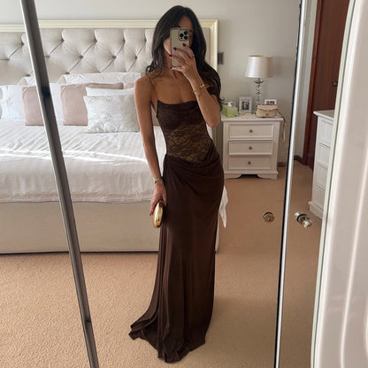 Noir Grace™ Brown Lace Maxi Dress