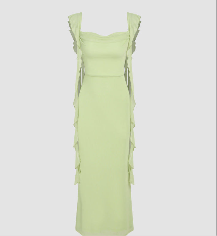 Lace Sling Backless Fashion Ruffles Ribbon Dress