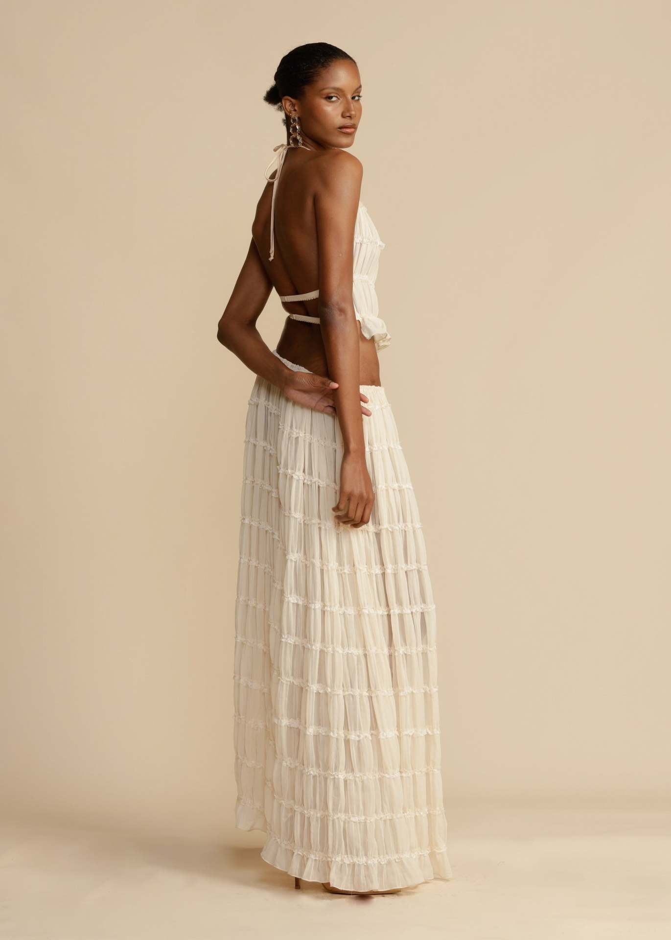 Backless Lace-up Halterneck Sling Top Suit Wooden Ear Pleated Dress