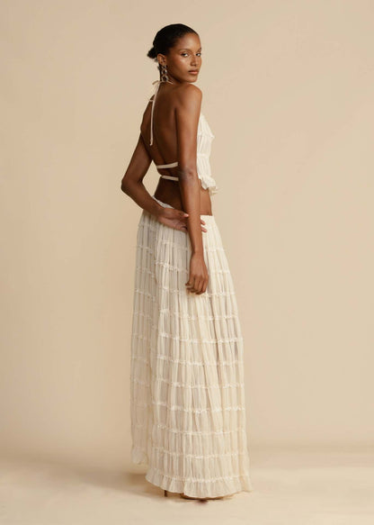 Backless Lace-up Halterneck Sling Top Suit Wooden Ear Pleated Dress