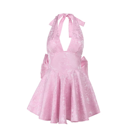 BlushBelle™ Jacquard Halter Bow Dress