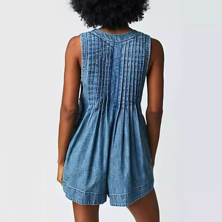 V-neck Sleeveless Denim Romper