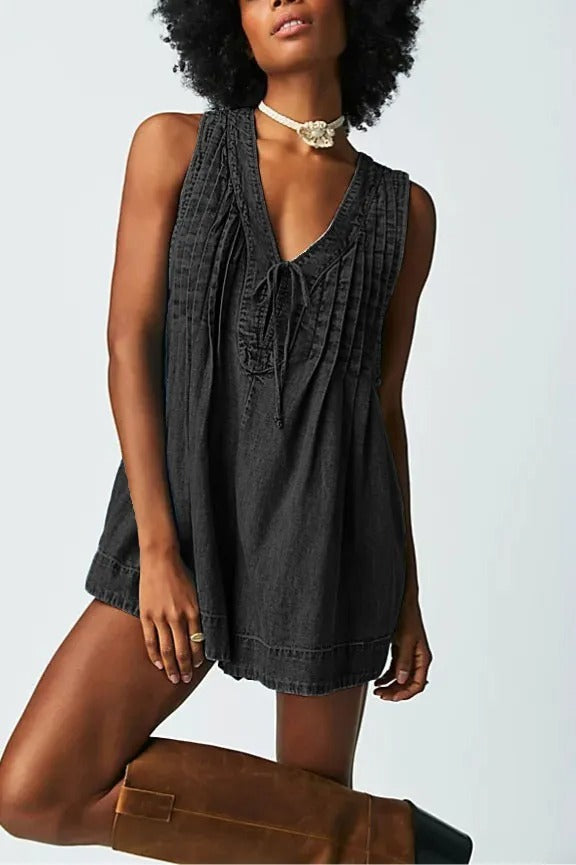 V-neck Sleeveless Denim Romper