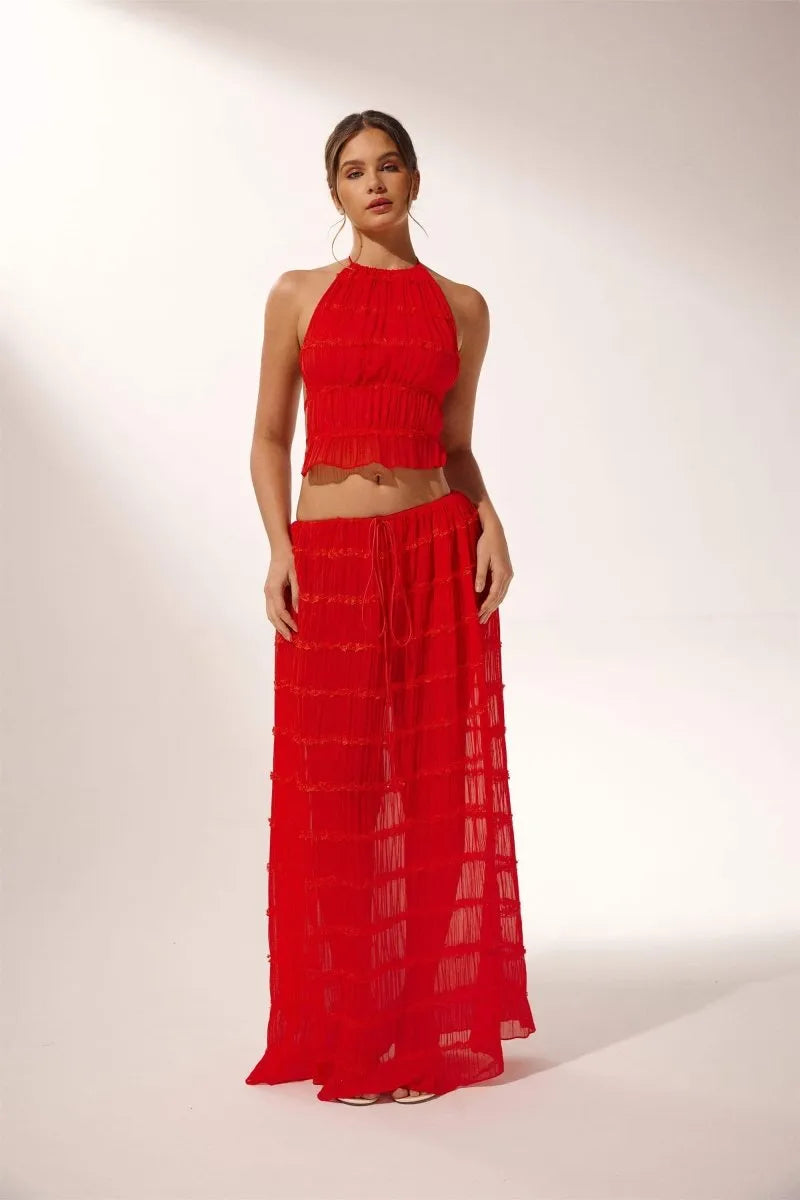 Backless Lace-up Halterneck Sling Top Suit Wooden Ear Pleated Dress